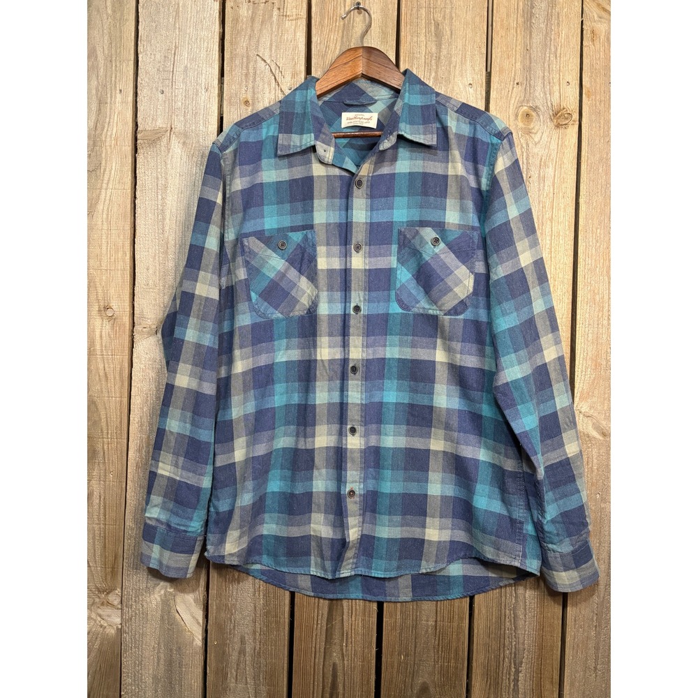 Weatherproof Vintage Mens Blue Teal Plaid Flannel Button Down Shirt Large